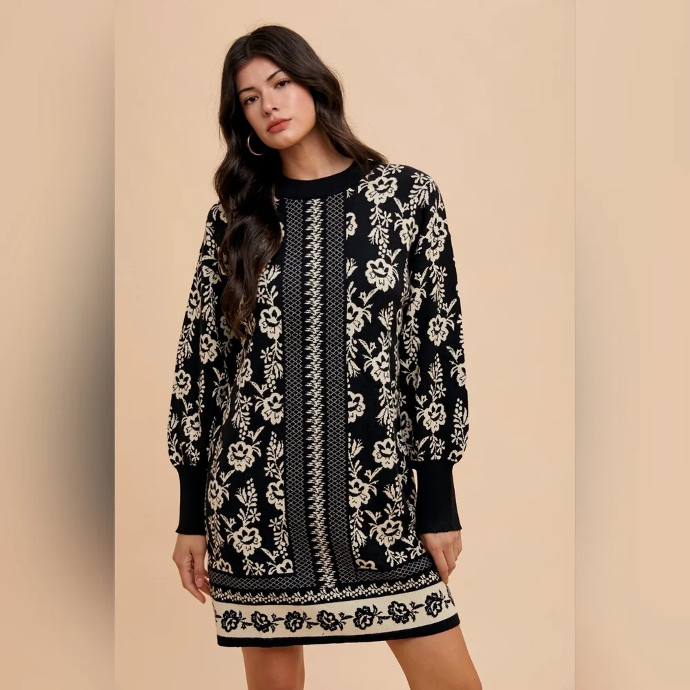 Annie Wear Floral Jacquard Round Neck Sweater Dress - Picture 2 of 7